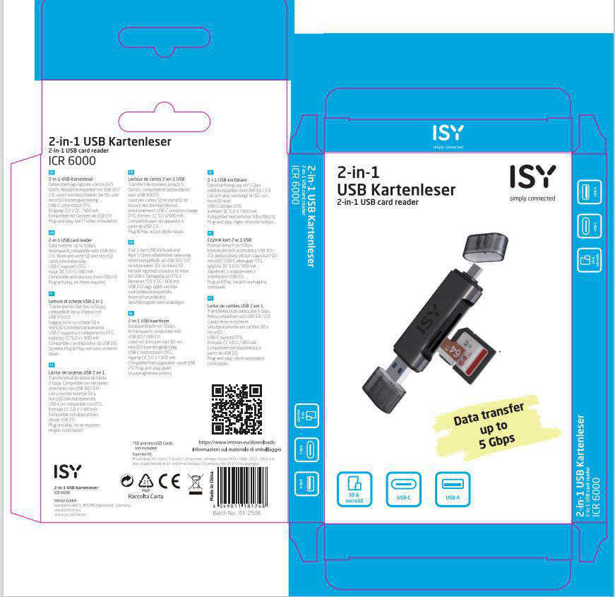 2-in-1 USB-Kartenleser-Verpackung mit Produkt und Text.