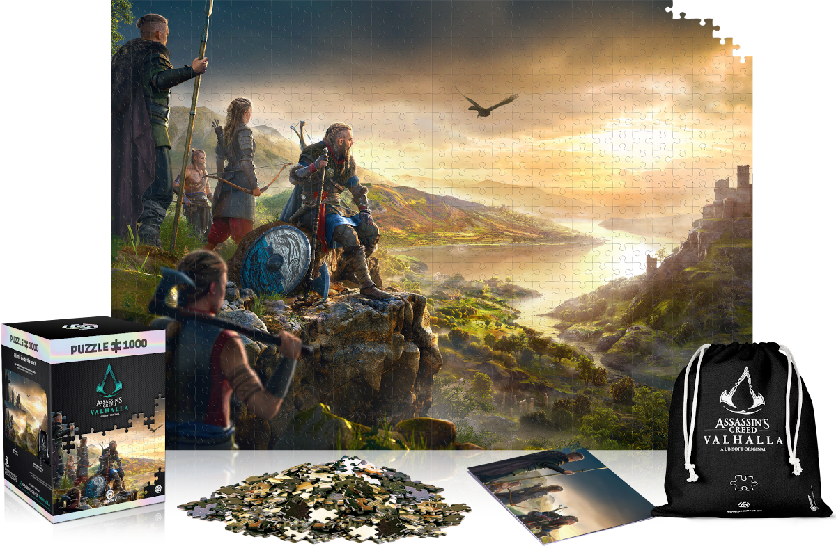 Egy viking jelenet puzzle-je, dobozzal, táskával és kirakós darabokkal az asztalon.