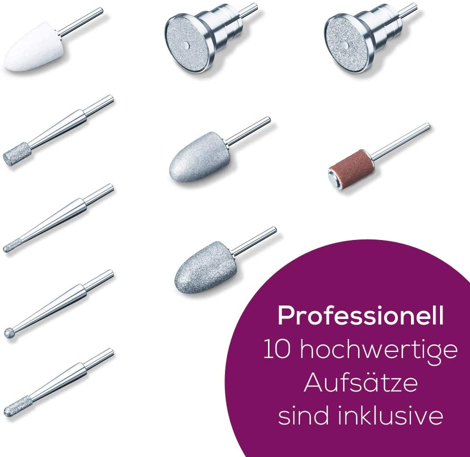 Divers outils de soins des ongles. Les outils sont argentés et blancs avec un cercle violet avec du texte en arrière-plan.