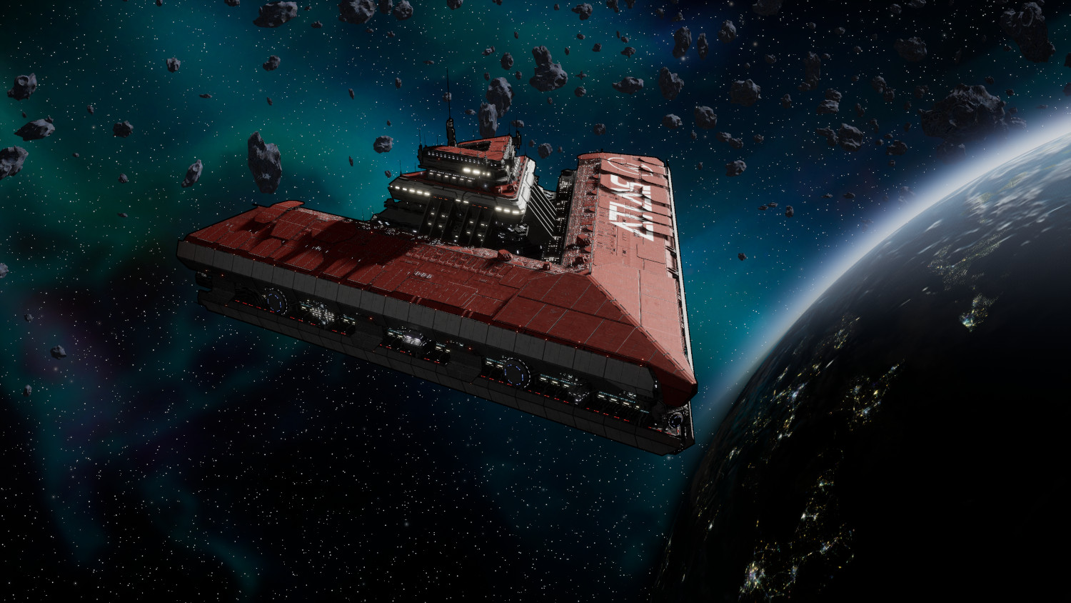 Un vaisseau spatial rouge dans l'espace, avec une planète et des astéroïdes en arrière-plan.