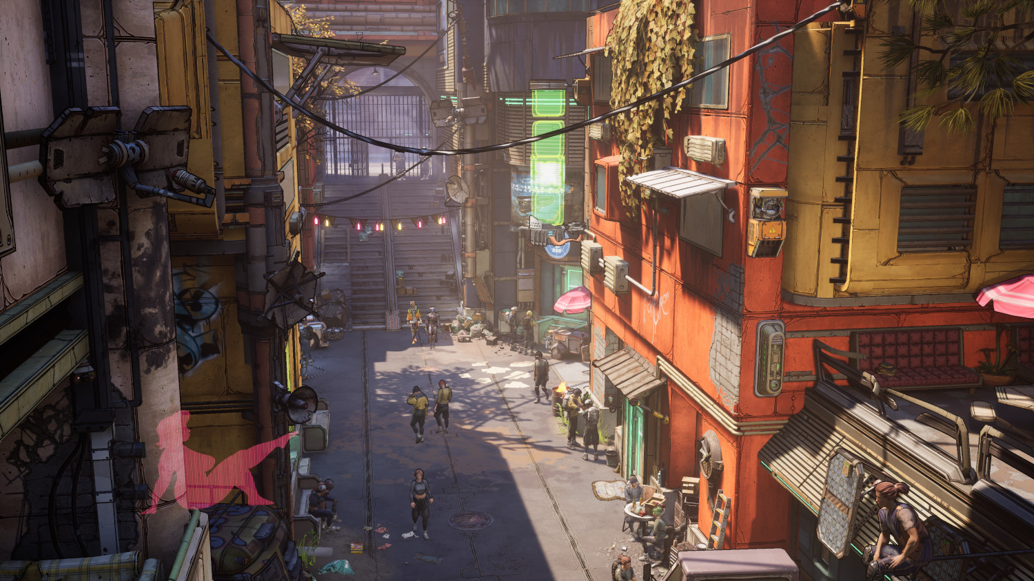 Une scène de rue d'un jeu vidéo. Bâtiments avec des boutiques et des gens marchant dans la rue.