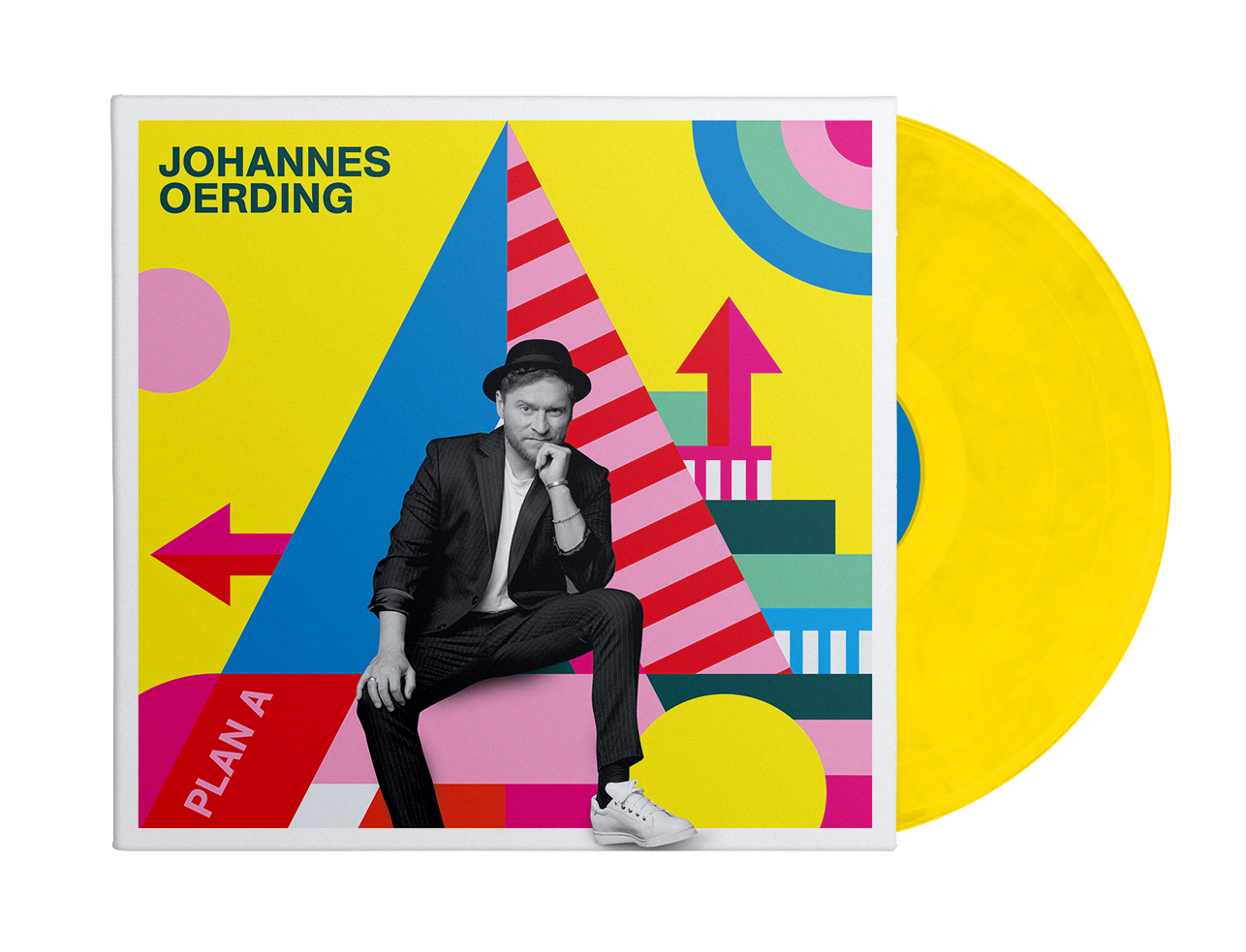 Albumcover mit einem Mann in Anzug und Hut, rechts eine gelbe Vinyl-Schallplatte.