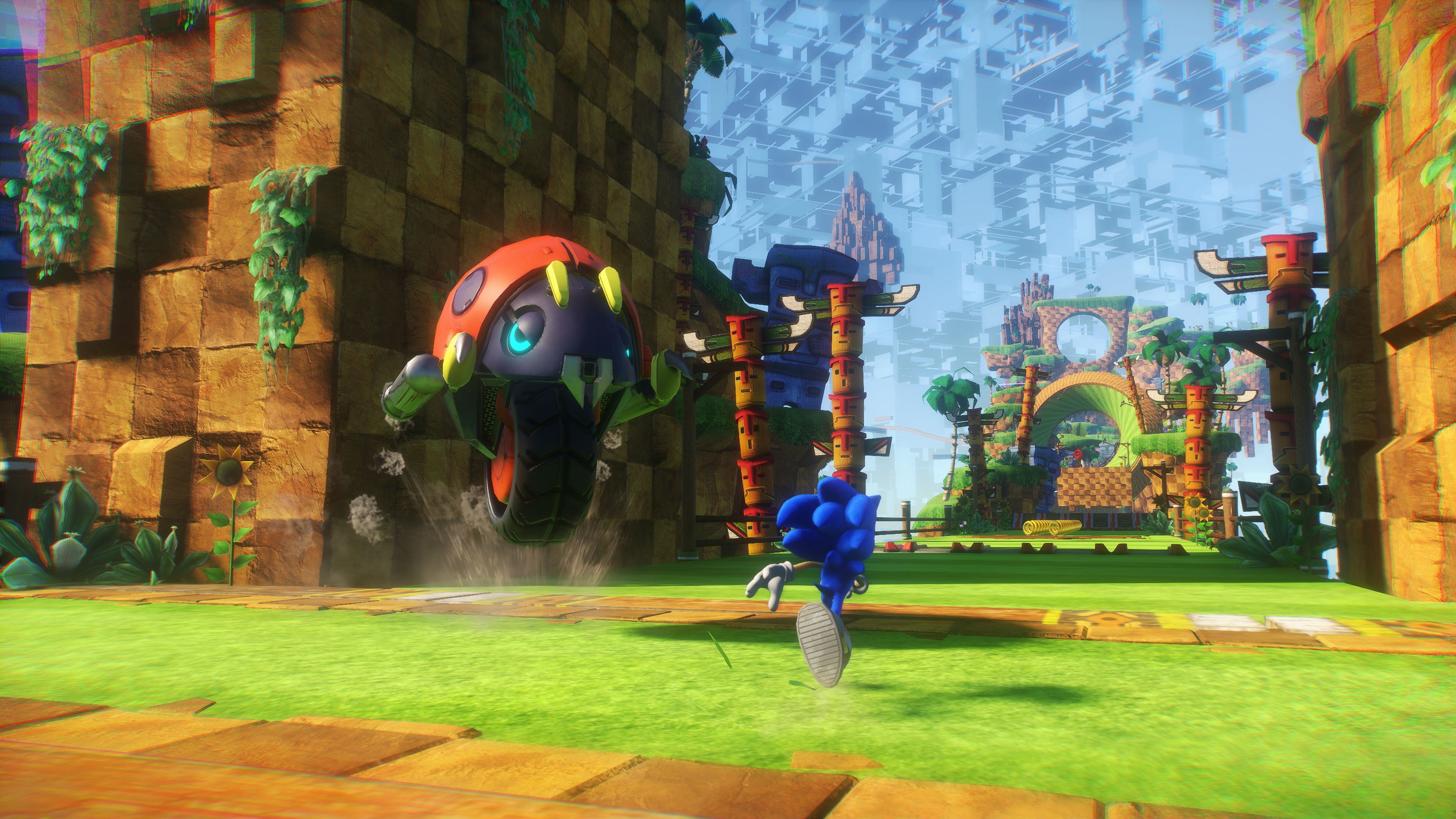 Sonic fuyant un robot dans un environnement vibrant et coloré avec une ville en arrière-plan.