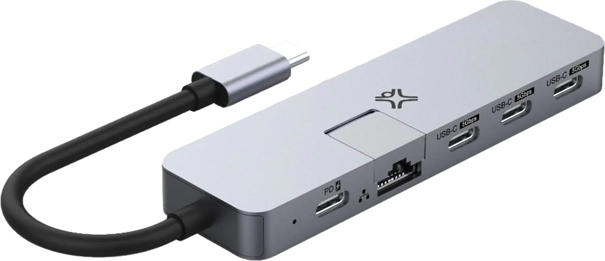 Hub USB-C argenté avec plusieurs ports et un câble connecté. Il a le logo en haut.