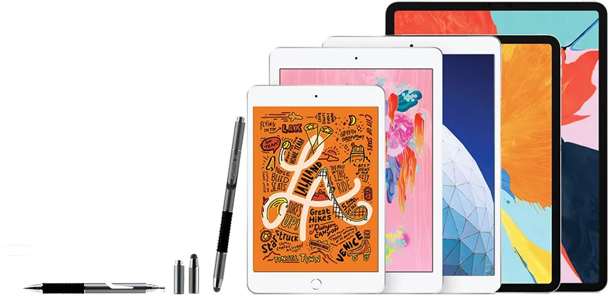 Plusieurs iPads et stylos sur fond blanc. Dessin sur le thème de LA sur l'un.