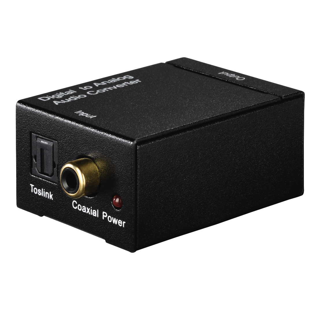 Convertidor de audio digital a analógico negro con puertos de entrada y salida, Toslink, coaxial e indicador de alimentación.