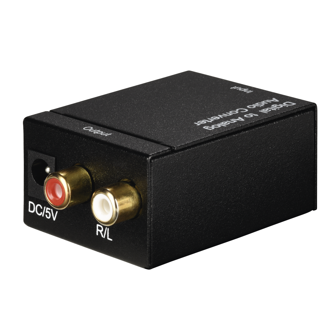 Convertidor de audio digital a analógico negro. Puertos rojo y blanco.