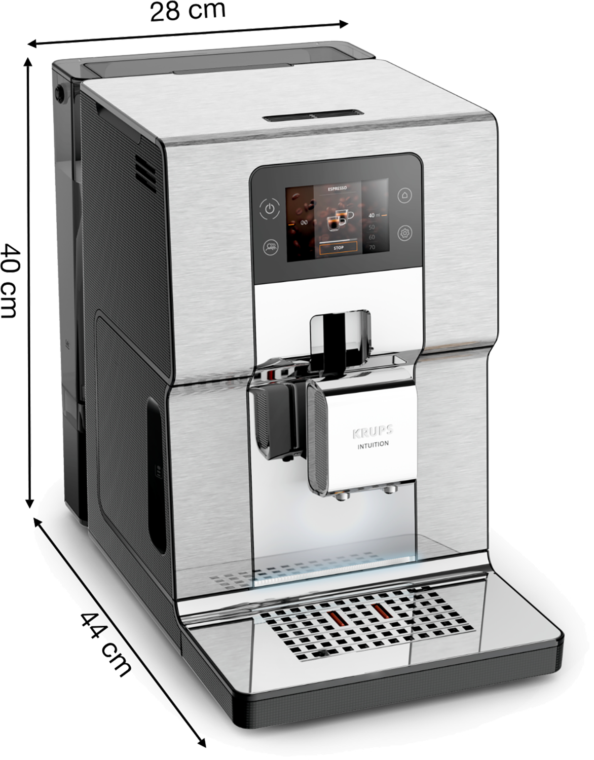 Zilveren Krups Intuition koffiemachine met afmetingen. Witte achtergrond.