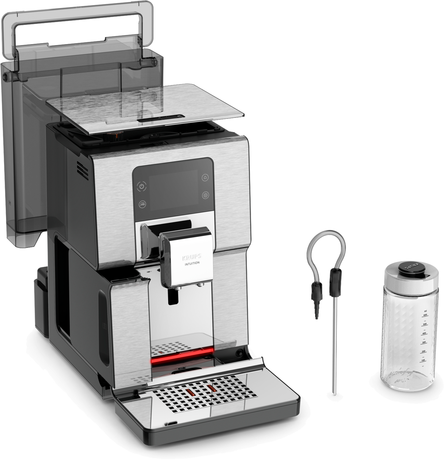 Zilverzwarte Krups Intuition koffiemachine met accessoires.