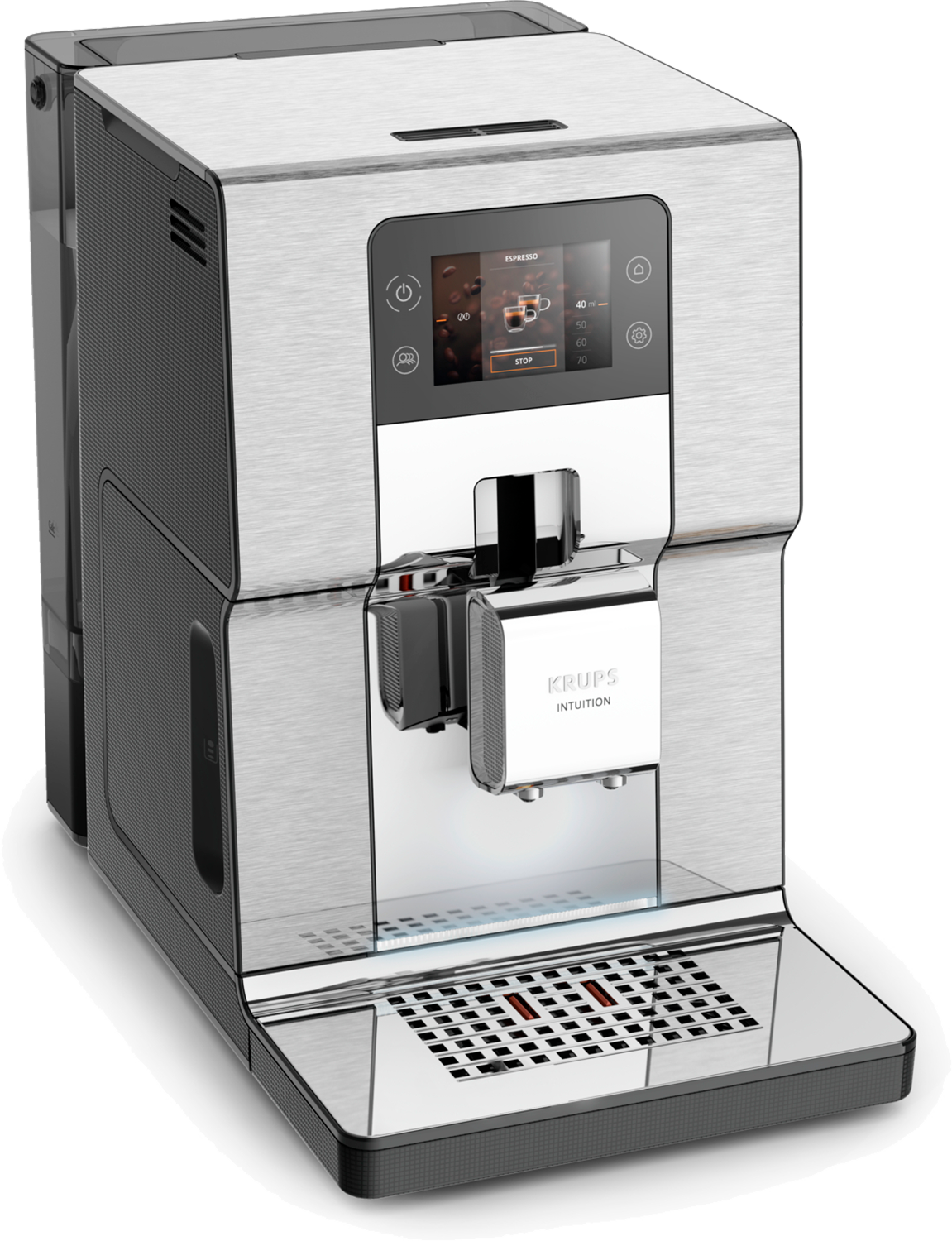 Zilveren Krups Intuition koffiezetapparaat. Touchscreen en knoppen aan de voorkant.