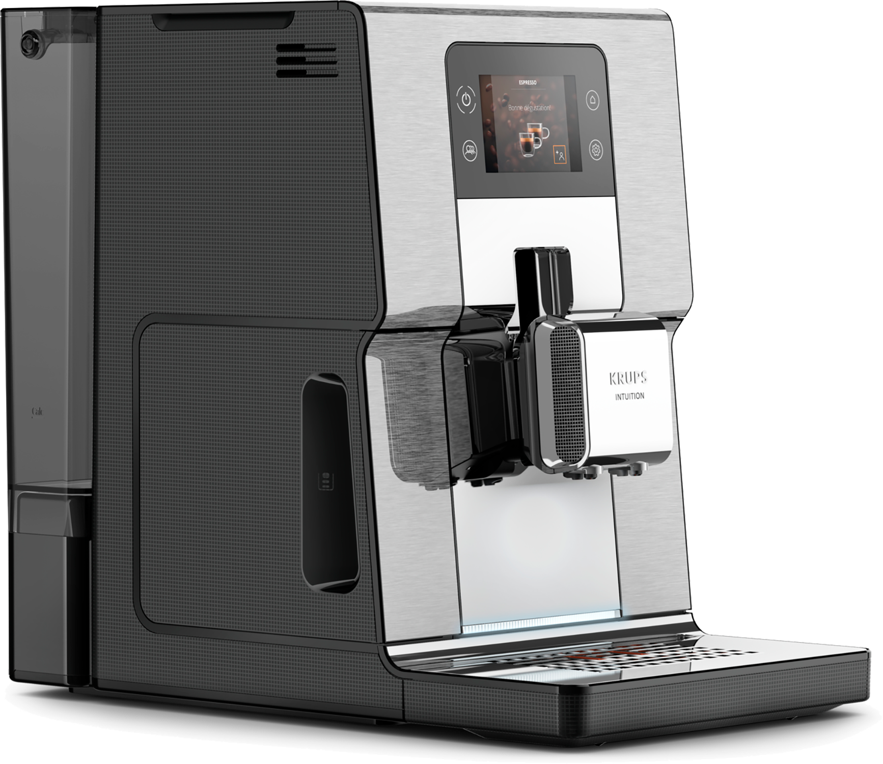 Zilverzwarte Krups espressomachine, met digitaal scherm, waarop een koffiekopje te zien is, en een watertank.