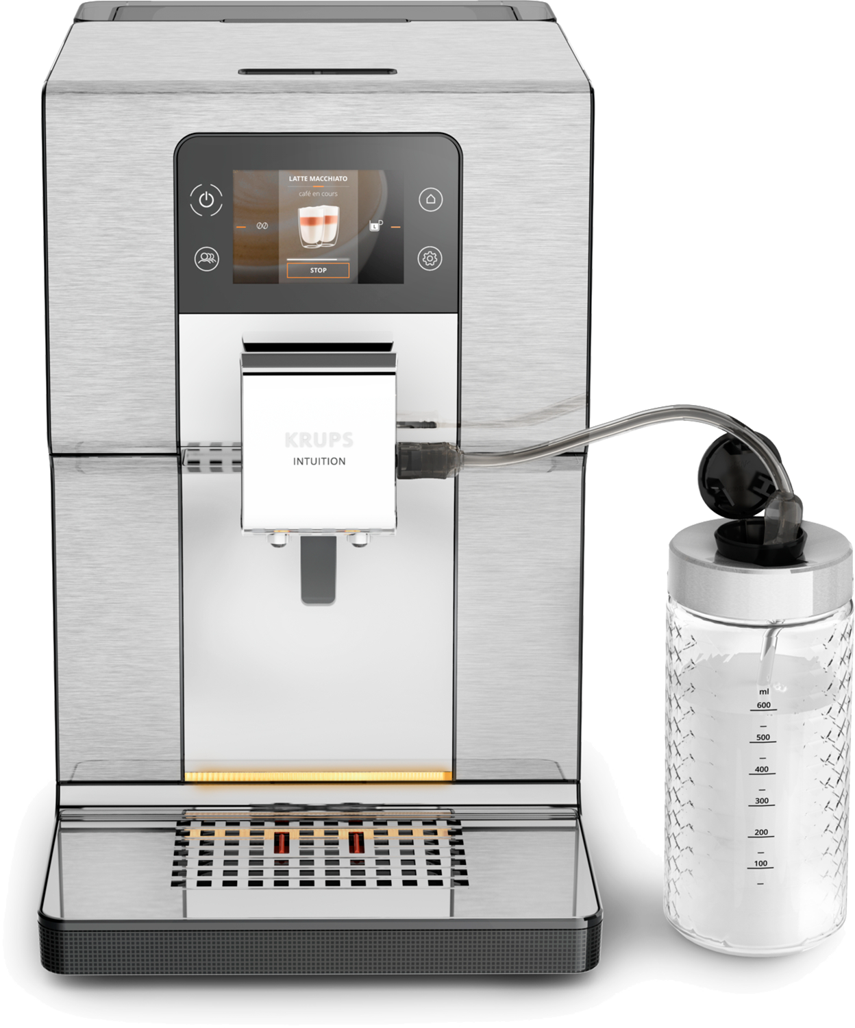 Zilveren Krups Intuition koffiemachine met melkcontainer. Display toont latte macchiato.