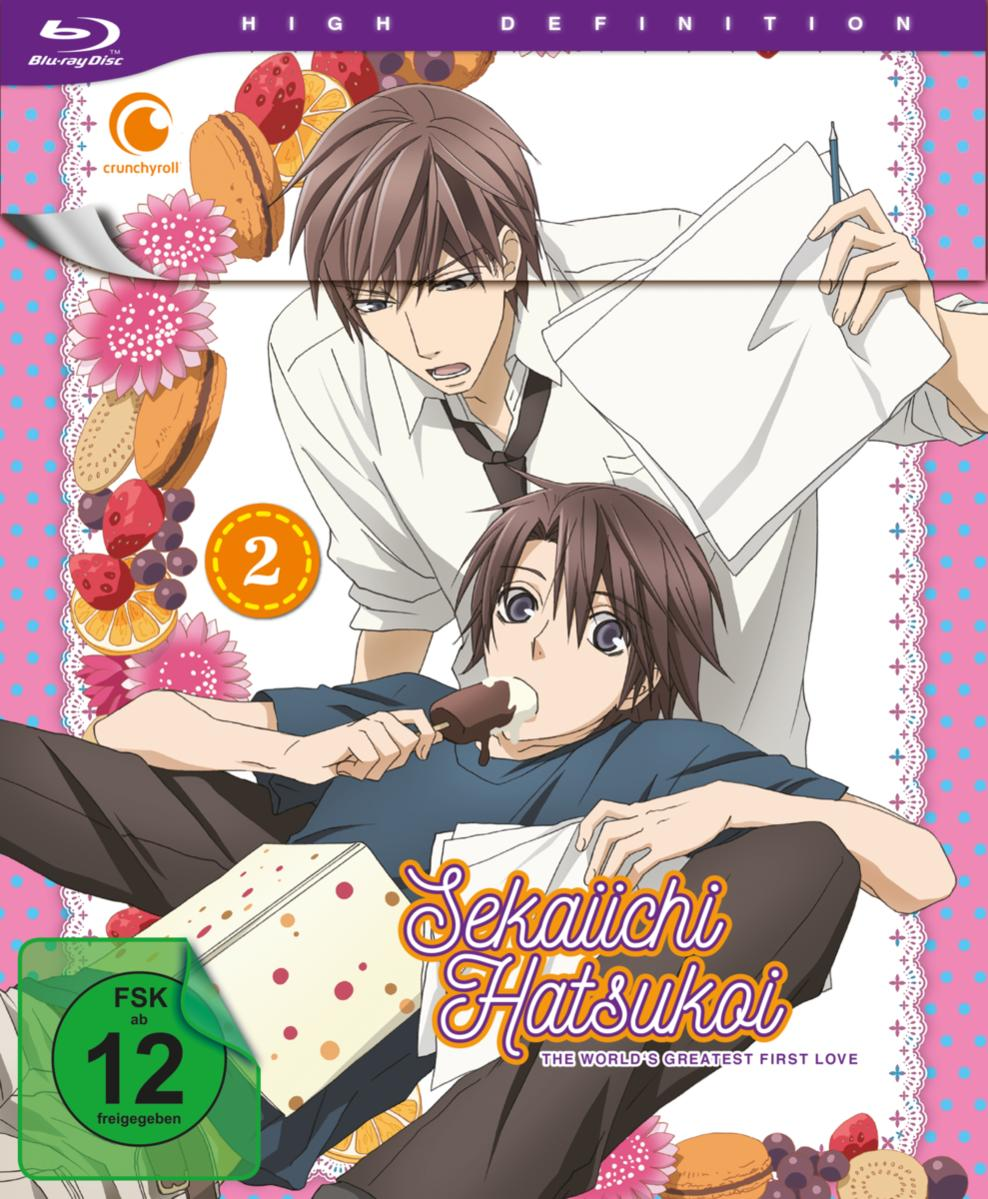 Anime-DVD-Cover. Zwei Manga-Charaktere, einer isst ein Eis. Titel: Sekaiichi Hatsukoi.