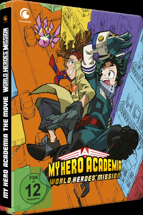 Blu-ray-Disc-Cover von 'My Hero Academia: World Heroes' Mission' mit Anime-Charakteren.
