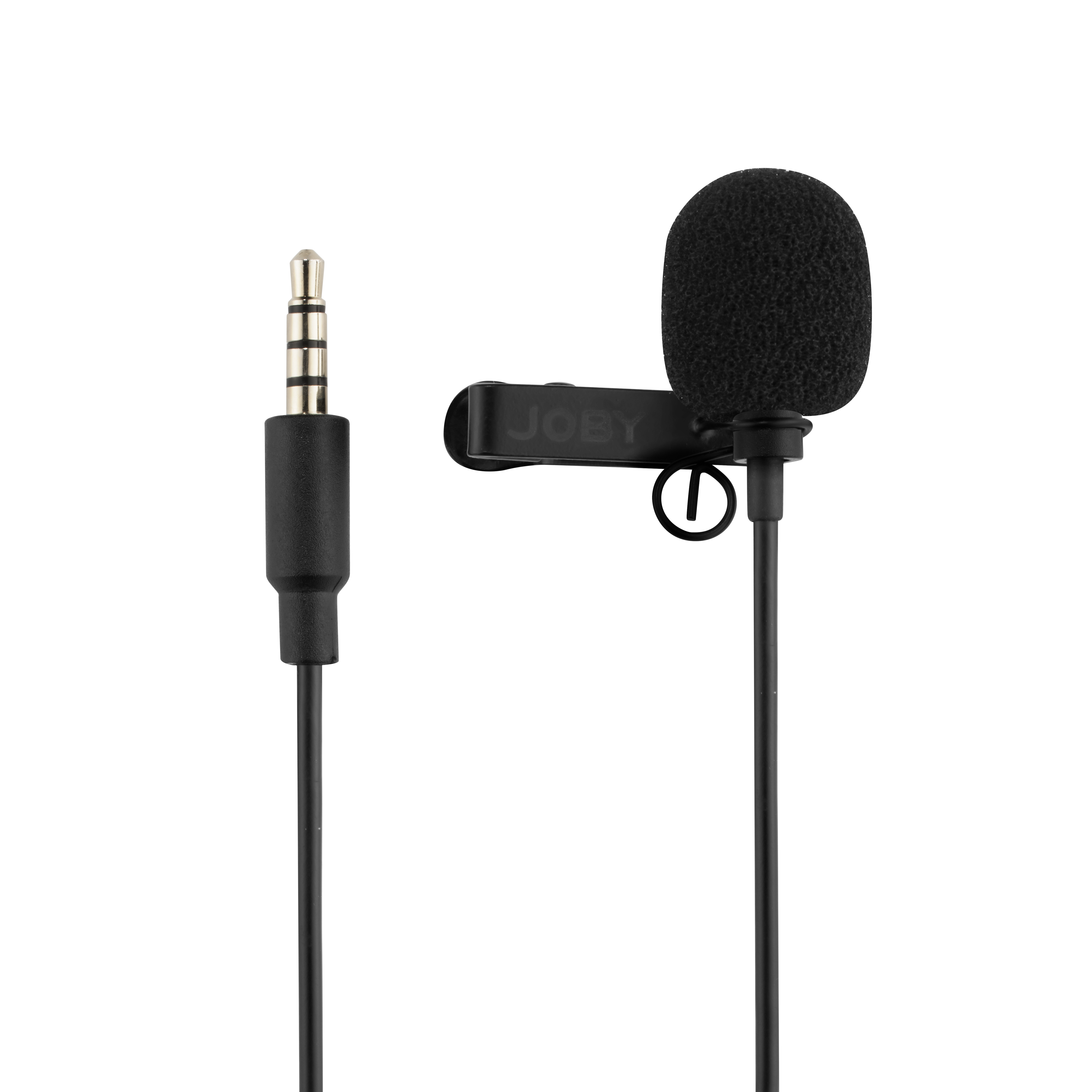 Schwarzes Ansteckmikrofon mit Kabel und 3,5-mm-Klinkenstecker.