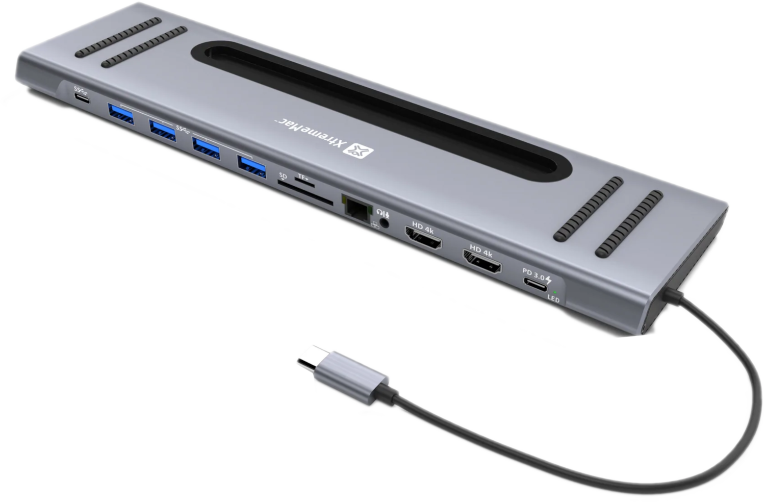 Un hub USB gris avec divers ports et un câble. Il est argenté.
