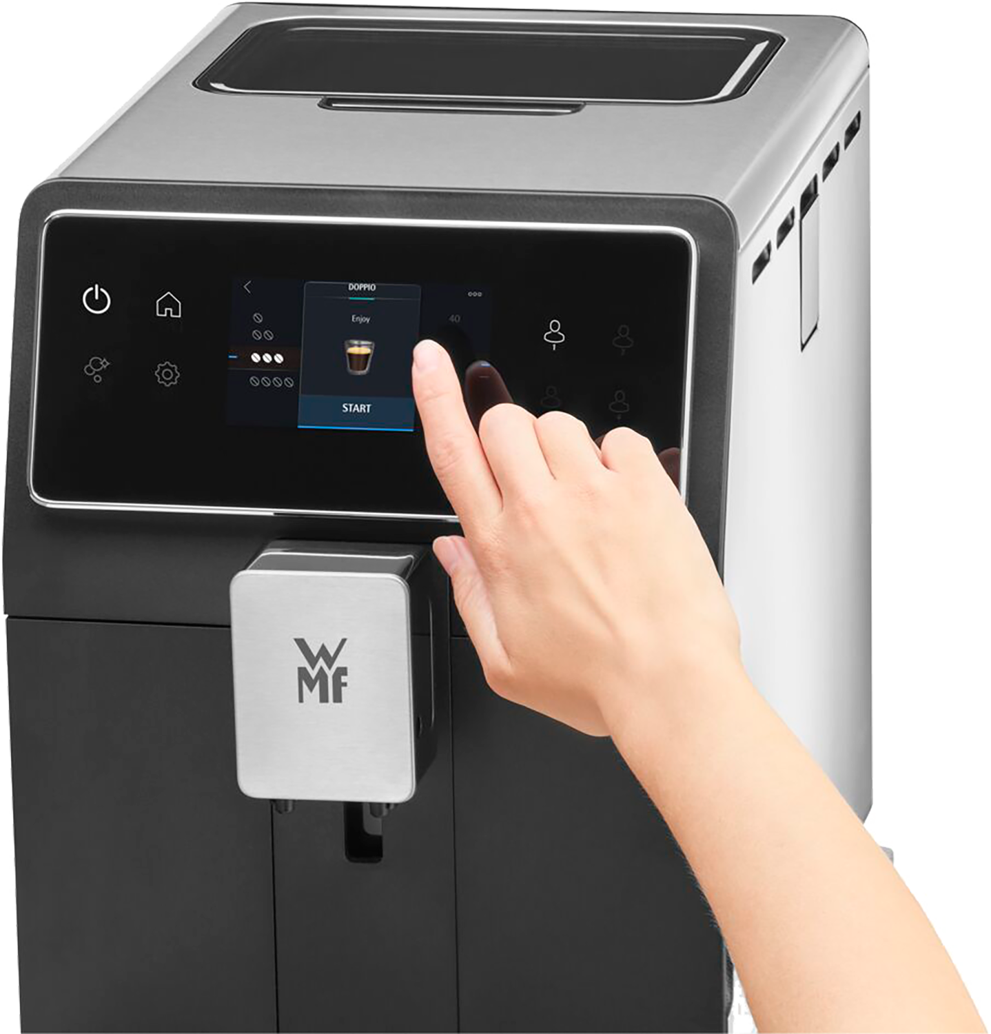 Touchscreen van de koffiemachine. Hand raakt het scherm aan. Toont een koffiekopje-icoon. Zwart en zilver.