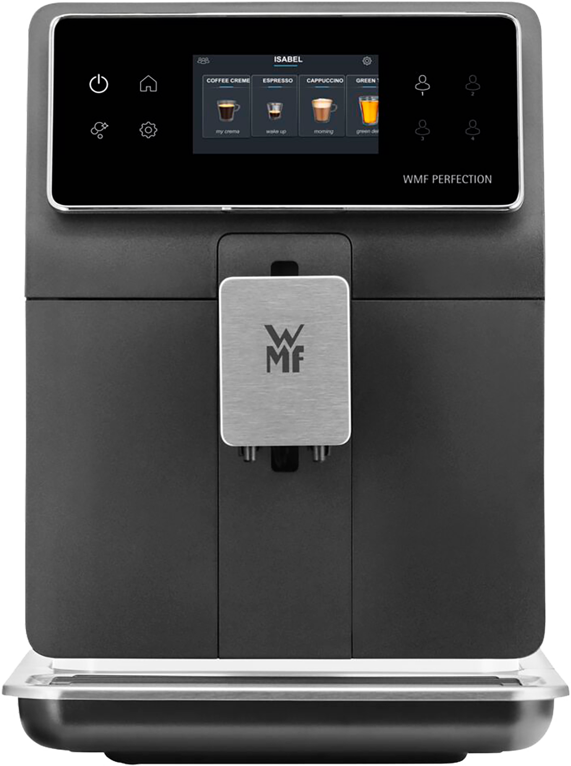 Zwarte koffiemachine met touchscreen en zilveren accenten. Witte achtergrond.