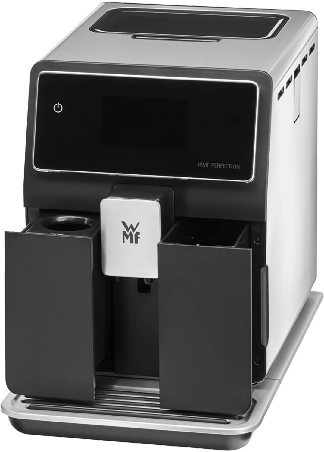 Een moderne koffiemachine met open compartimenten en een zwart scherm.