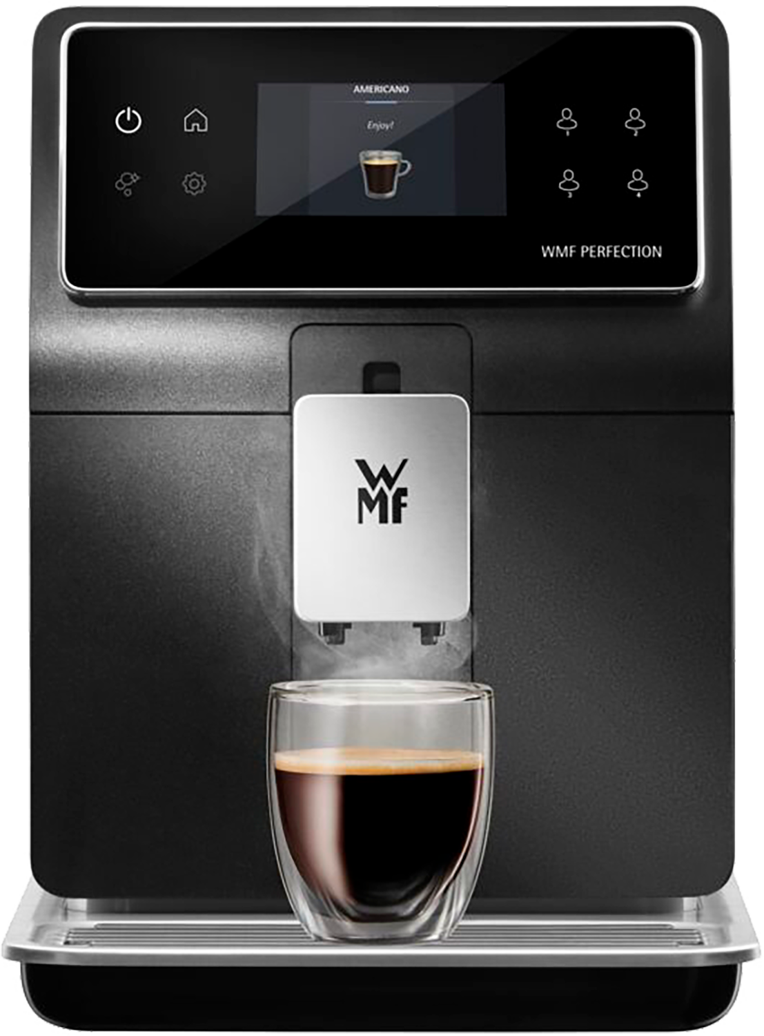 Een zwarte koffiemachine met een scherm met 'Americana', en een glas met koffie.