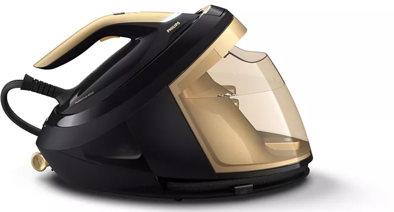 Black and gold Philips iron with a water tank.