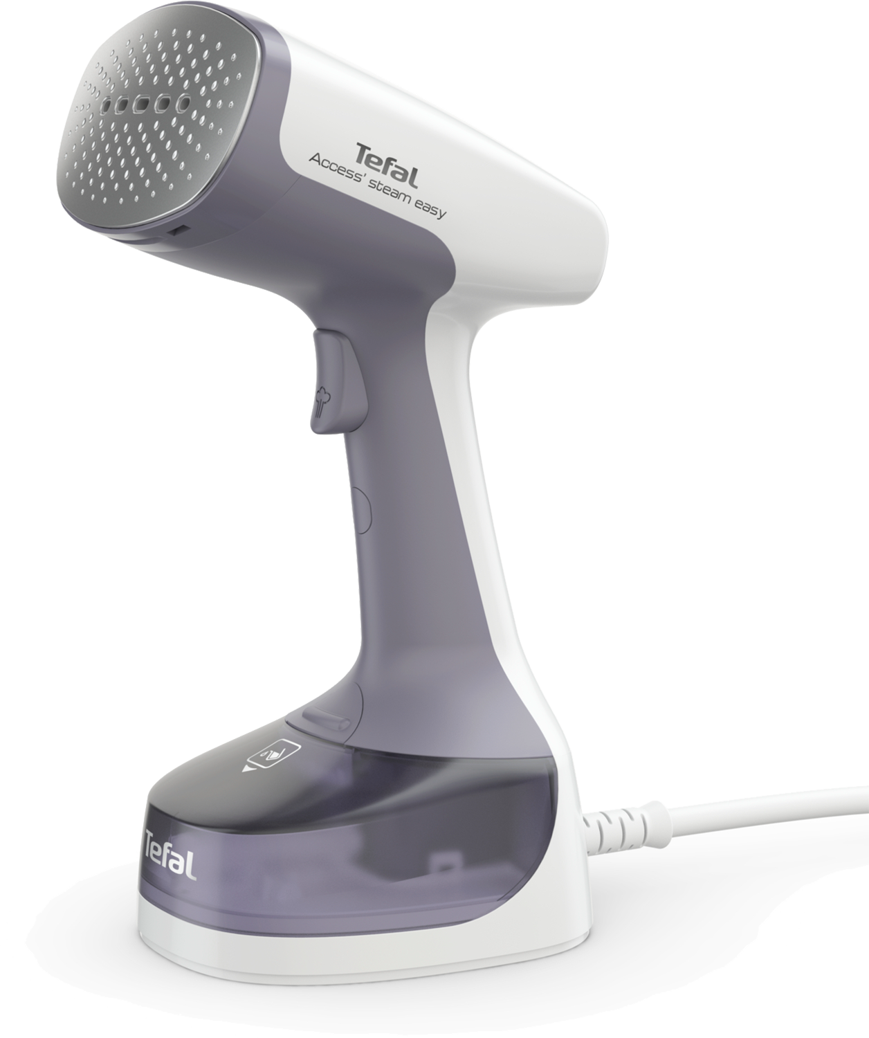 Een witte en paarse handheld kledingstomer. De merknaam 'Tefal' is zichtbaar.