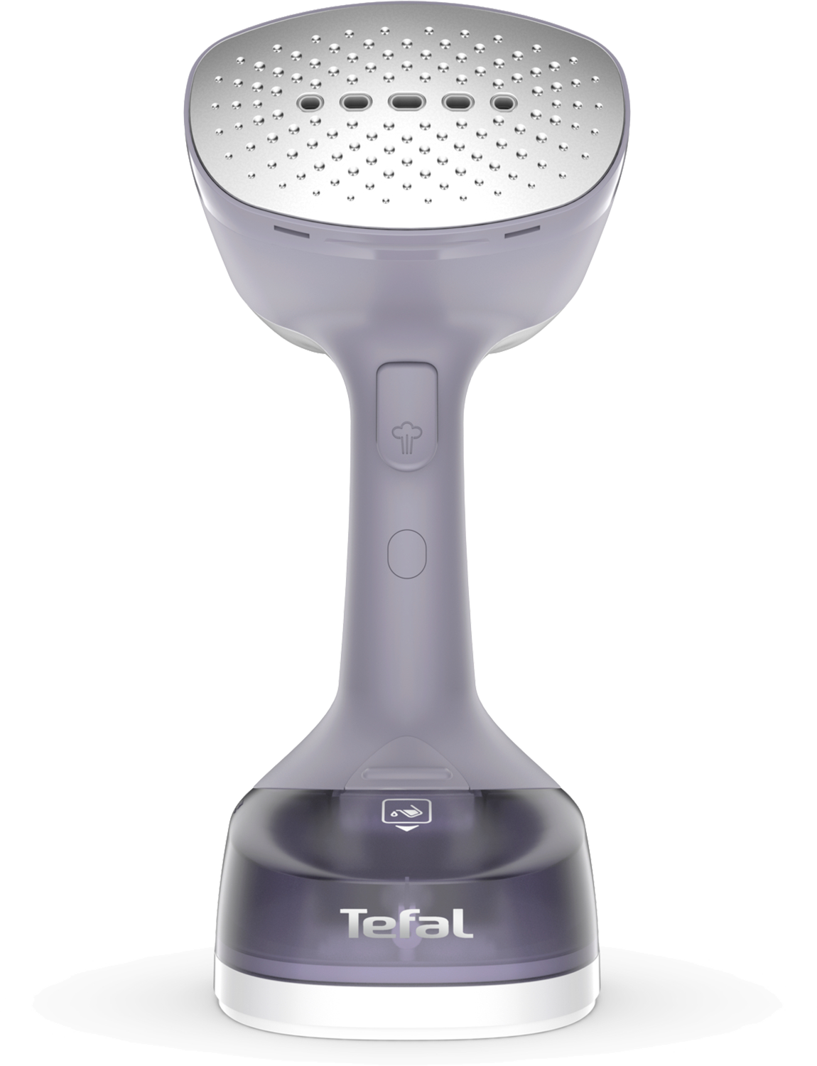 Een grijze en paarse Tefal kledingstomer, op een witte achtergrond.