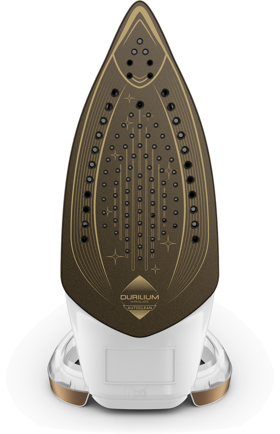 Top view of an iron with a brown and gold design and a white base.