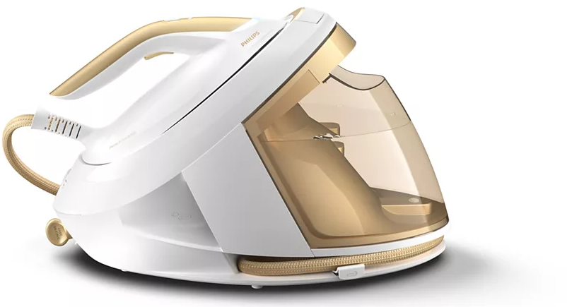 White and gold Philips steam iron. It has a water tank, handle, and cord. The iron is on a white background.