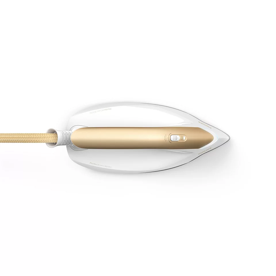 A Philips PerfectCare 8000 iron, white and gold, isolated on a white background.