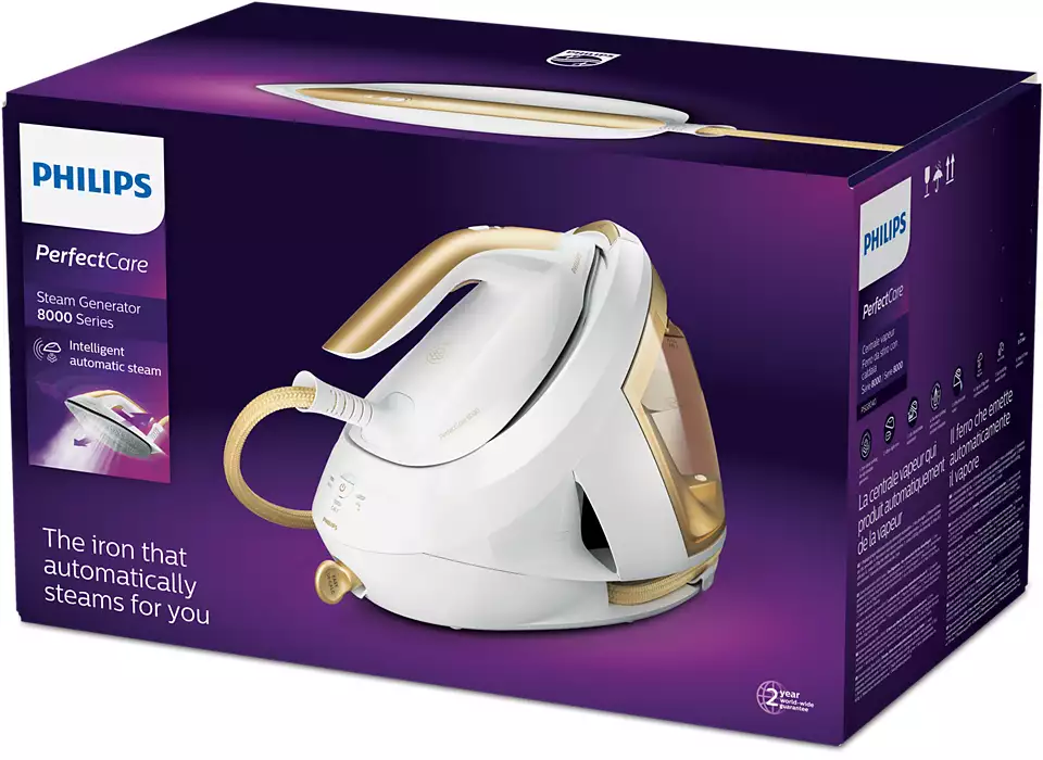 Boxed Philips steam generator iron. The iron is white and gold, with a purple box.