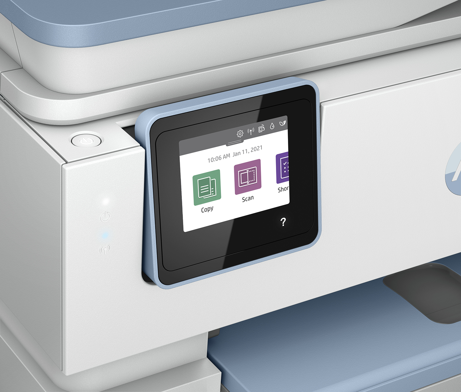 A close-up of a printer's touchscreen. The screen displays icons and text on a blue frame.