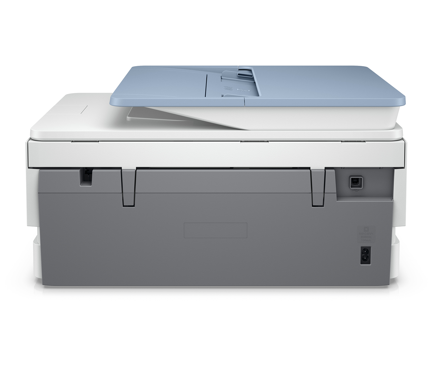 Printer rear view. Gray and white with a blue top cover.