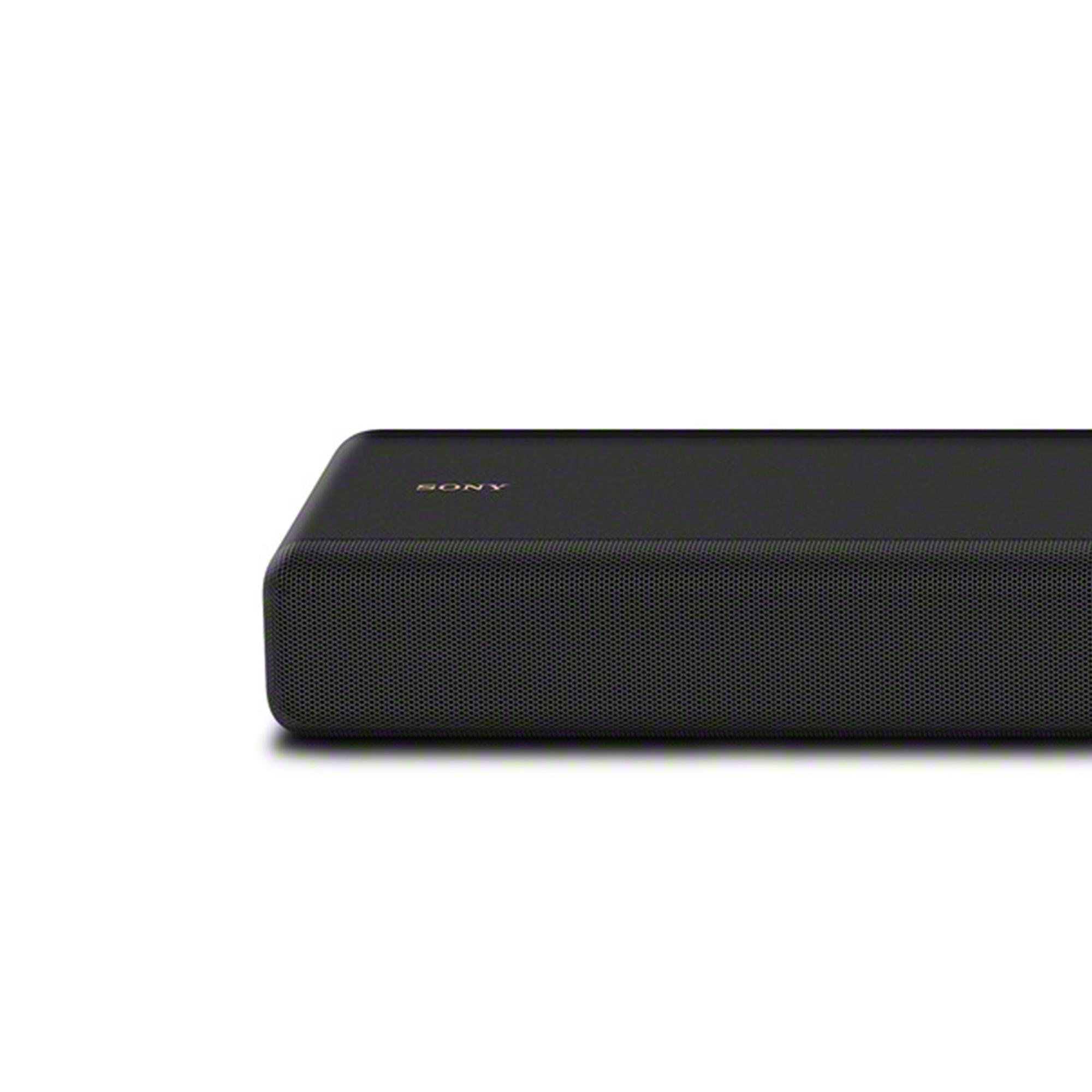 Eine schwarze Soundbar mit Netzfront, und das Wort SONY auf der Oberseite wird angezeigt. Weißer Hintergrund.