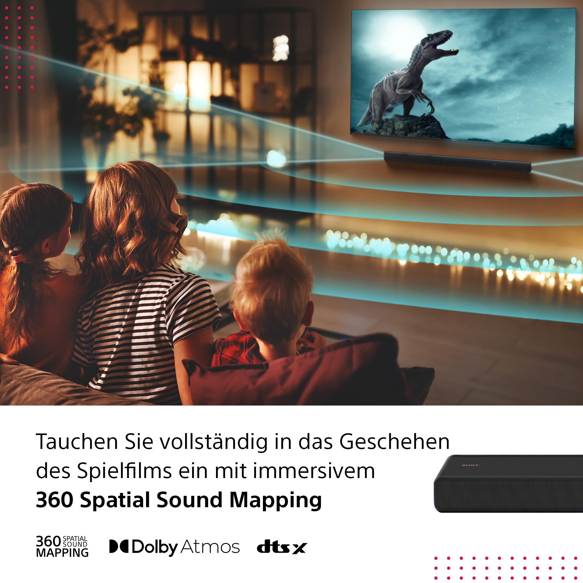 Kinder sehen fern mit Dinosaurierszene, Soundbar unten, Text auf Deutsch.