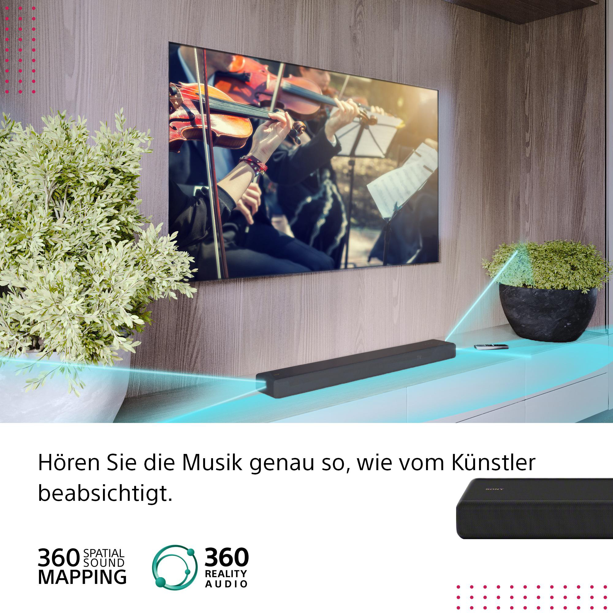 Ein Fernseher mit Musikern, darunter eine Soundbar und Pflanzen an den Seiten.