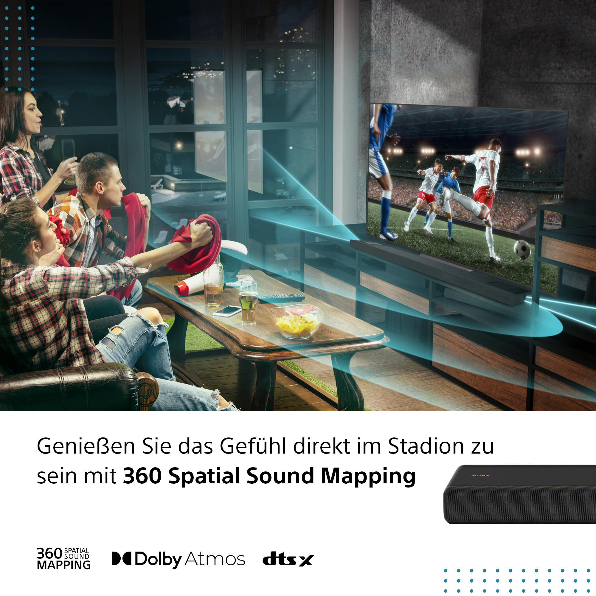 Leute schauen Fußball im Fernsehen, 360 Spatial Sound Mapping und Dolby Atmos.