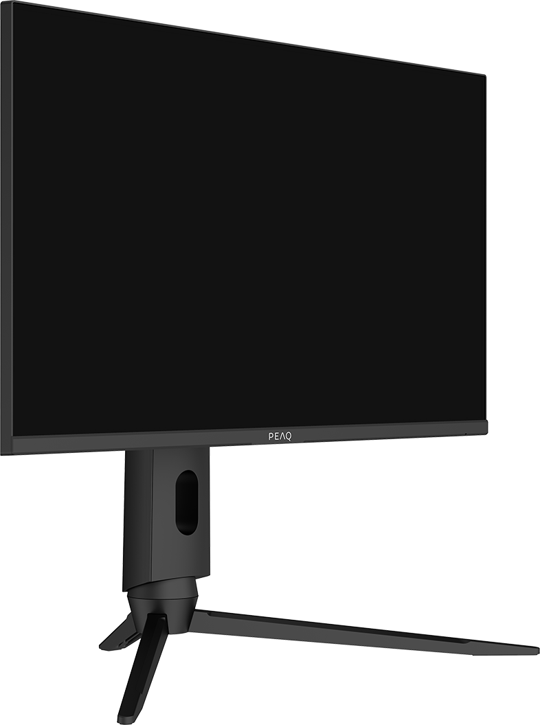 Fekete számítógép monitor fekete állványon. A képernyő sötét. Az állvány egyedi dizájnnal rendelkezik.