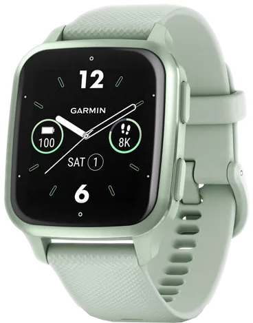 Garmin smartwatch with mint green strap, displaying battery and time.