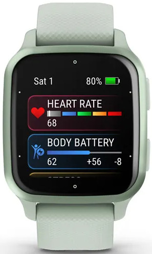 A smartwatch with metrics displayed on the screen. The band is light green.