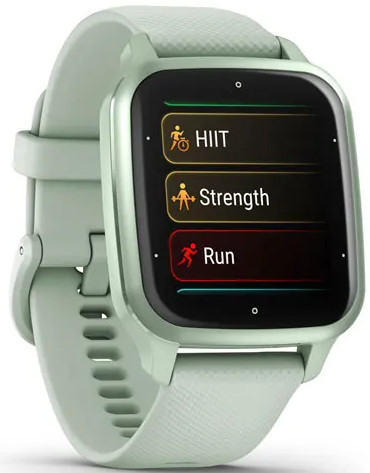 Green smartwatch with workout options: HIIT, Strength, Run.