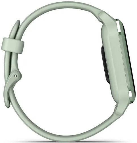 Side view of a light green smartwatch with a curved band, black screen, and white background.