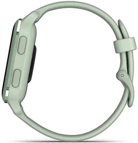 A side view of a light green smartwatch with a matching strap.