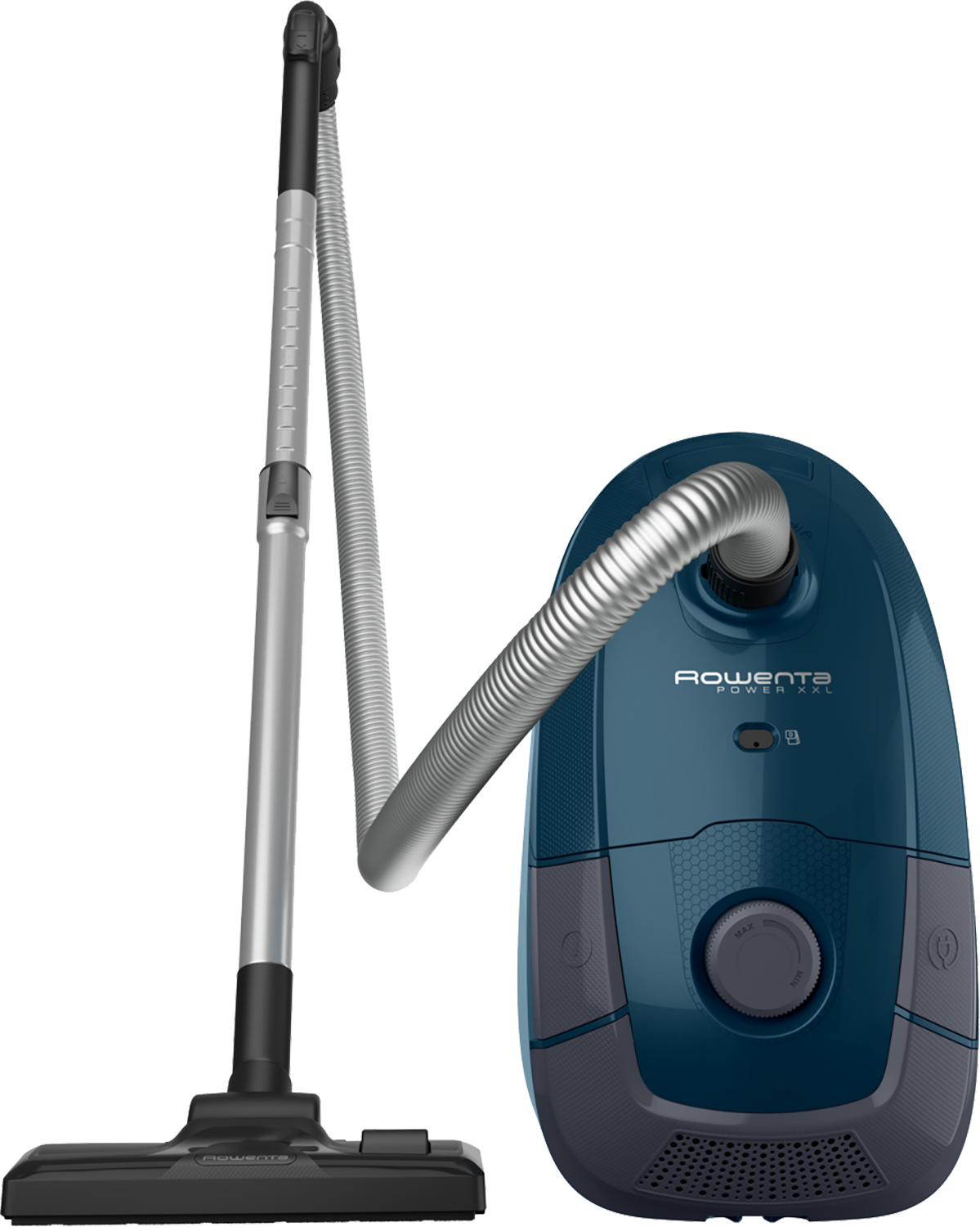 Blue and gray vacuum cleaner with hose on the left. The vacuum is on a black background.