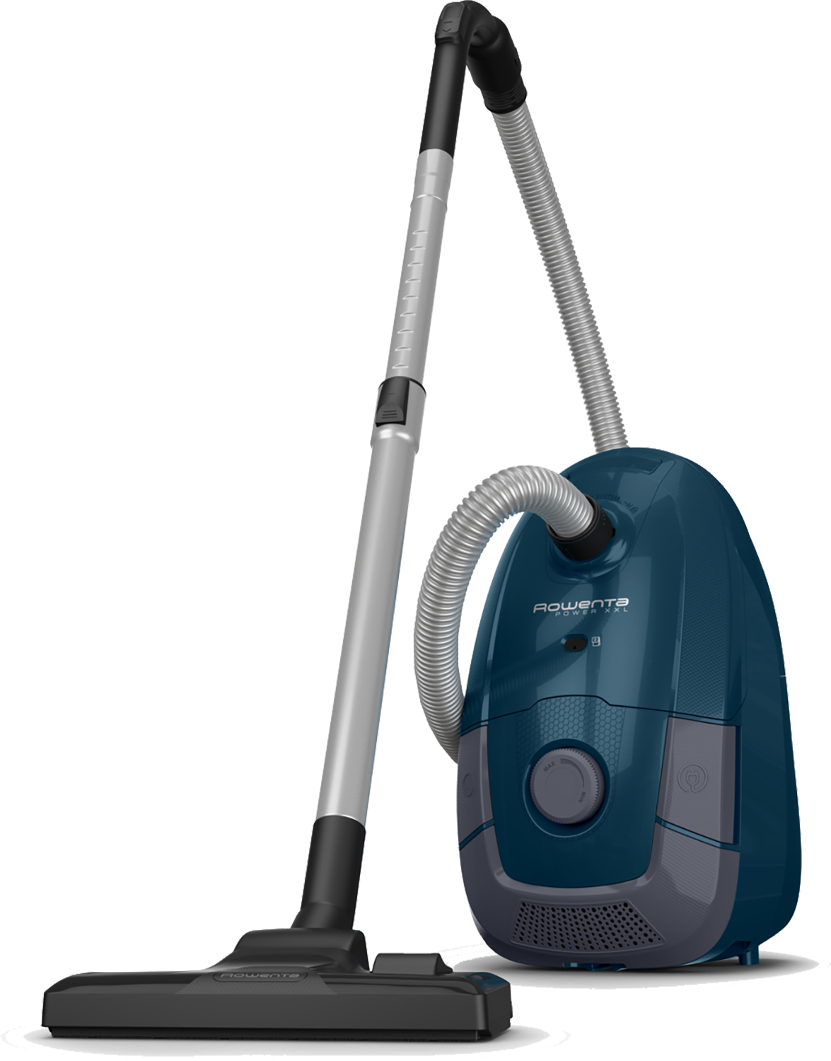 A blue vacuum cleaner with a silver telescopic tube and a black brush head.