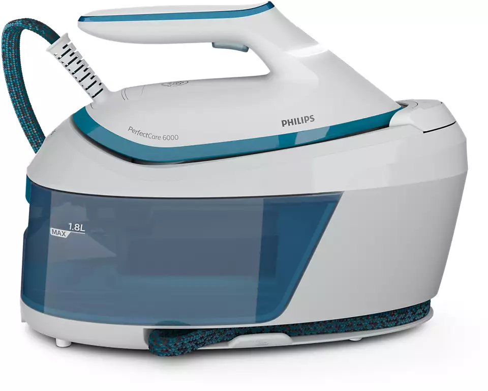 White and blue Philips steam iron, with a large water tank, handle, and cord, against a white background.