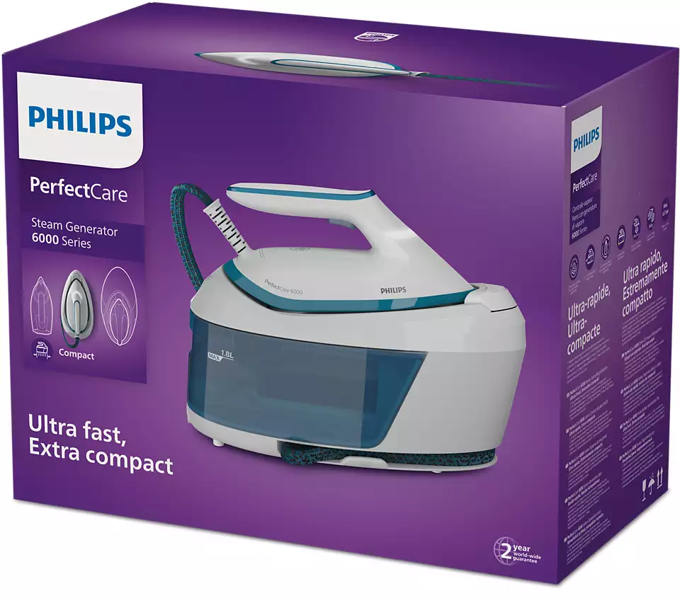 Philips PerfectCare steam generator iron in its box. The box is white and purple.