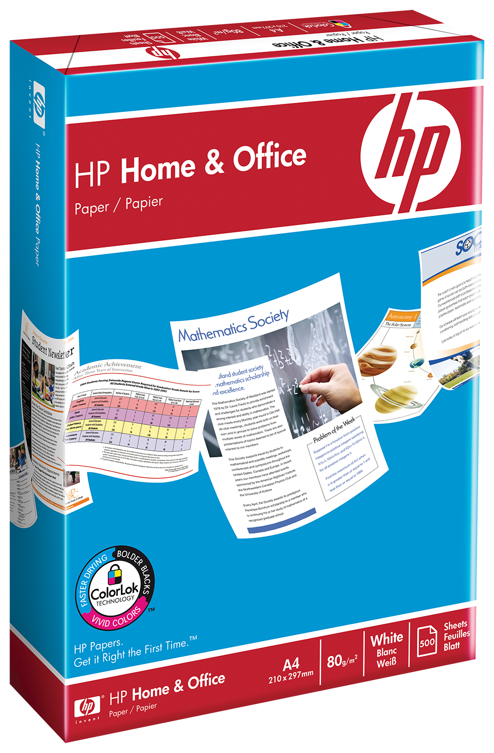 Boîte de papier HP Home & Office A4. Elle montre le papier et une démonstration de son utilisation.