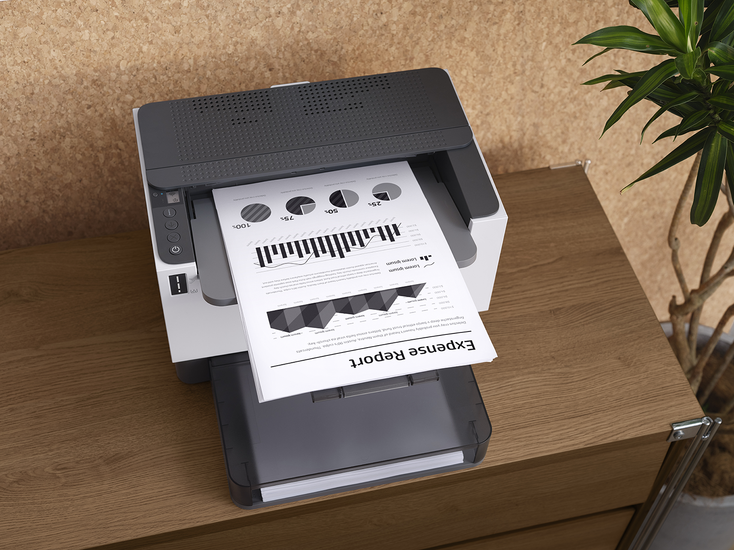 A printer printing an expense report. The printer is on a wooden desk with a plant next to it.