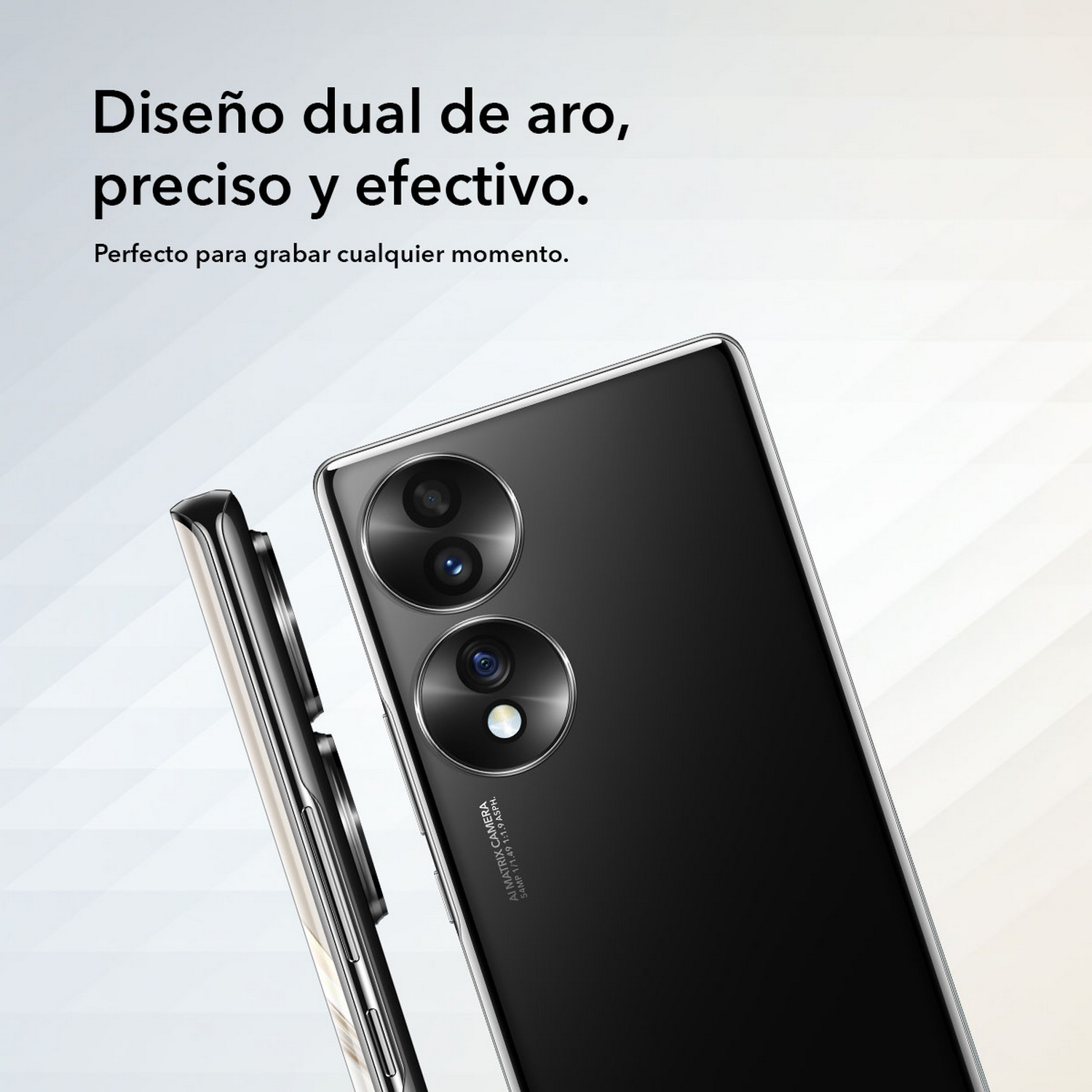 Dos smartphones, diseño de cámara trasera. Texto: Diseño de doble anillo, preciso y efectivo.